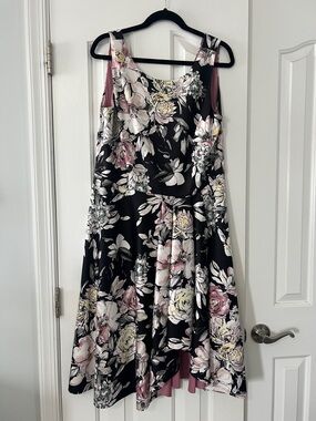 Sleeveless Floral Fit-and-Flare Midi Dress in Black with Pink & Cream Flowers
